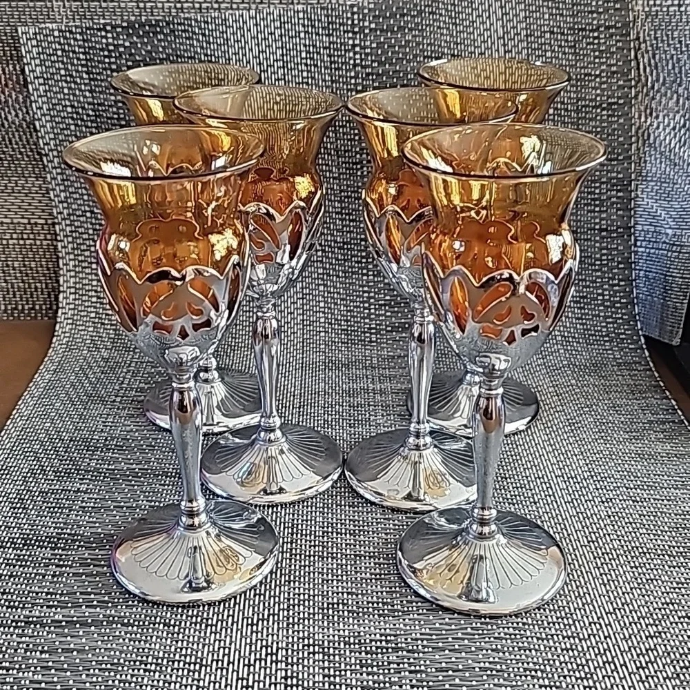 Vintage Farber Brothers Amber Silver Stems Glassware 6 Cordial Sherry Glasses